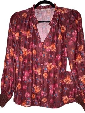 Skies are Blue - Floral Burgundy V-Neck Blouse Crochet Cuffs